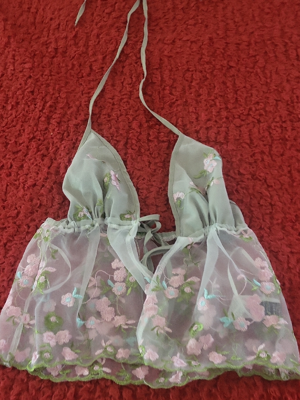 SHEIN Pink Floral Embroidered Sheer Halter Bralette with Sage Green Accents